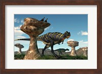A pair of Aucasaurus dinosaurs walk amongst a forest of stone sculptures Fine Art Print