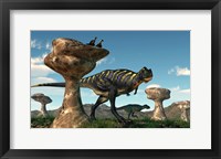 A pair of Aucasaurus dinosaurs walk amongst a forest of stone sculptures Fine Art Print