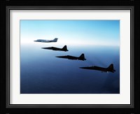 Three F-5E Tiger IIs fly in formation with a Learjet 25 Fine Art Print