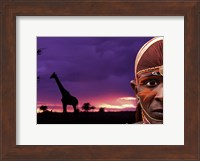 Maasai Warrior with Sunset on the Serengeti, Kenya Fine Art Print