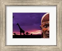 Maasai Warrior with Sunset on the Serengeti, Kenya Fine Art Print