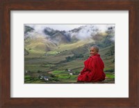 Monk and Farmlands in the Phobjikha Valley, Gangtey Village, Bhutan Fine Art Print