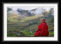 Monk and Farmlands in the Phobjikha Valley, Gangtey Village, Bhutan Fine Art Print