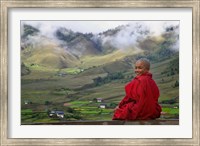 Monk and Farmlands in the Phobjikha Valley, Gangtey Village, Bhutan Fine Art Print