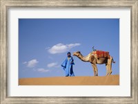 Man leading camel on sand dunes, Tinfou (near Zagora), Morocco, Africa Fine Art Print