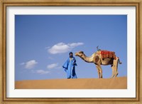Man leading camel on sand dunes, Tinfou (near Zagora), Morocco, Africa Fine Art Print
