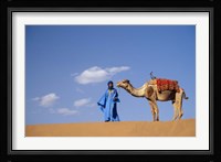 Man leading camel on sand dunes, Tinfou (near Zagora), Morocco, Africa Fine Art Print