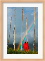 Rainbow and Monks with Praying Flags, Phobjikha Valley, Gangtey Village, Bhutan Fine Art Print