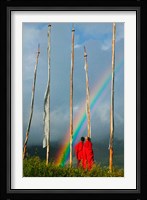 Rainbow and Monks with Praying Flags, Phobjikha Valley, Gangtey Village, Bhutan Fine Art Print