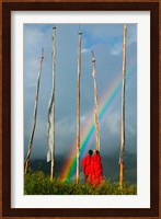 Rainbow and Monks with Praying Flags, Phobjikha Valley, Gangtey Village, Bhutan Fine Art Print