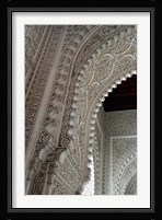 Wall tiles and carvings on Islamic law courts, Morocco Fine Art Print