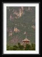 Pagoda and giant karst peak behind, Yangshuo Bridge, China Fine Art Print