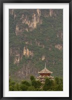 Pagoda and giant karst peak behind, Yangshuo Bridge, China Fine Art Print