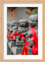 Stone lions with red ribbon, Jade Buddah Temple, Shanghai, China Fine Art Print