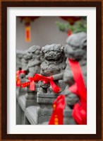 Stone lions with red ribbon, Jade Buddah Temple, Shanghai, China Fine Art Print