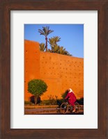 Veiled Woman Bicycling Below Red City Walls, Marrakech, Morocco Fine Art Print