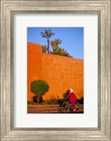 Veiled Woman Bicycling Below Red City Walls, Marrakech, Morocco Fine Art Print