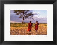 Two Maasai Morans Walking with Spears at Sunset, Amboseli National Park, Kenya Fine Art Print