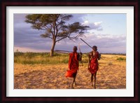Two Maasai Morans Walking with Spears at Sunset, Amboseli National Park, Kenya Fine Art Print