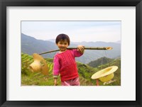 Young Girl Carrying Shoulder Pole with Straw Hats, China Fine Art Print