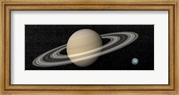Large planet Saturn and its rings next to small planet Earth Fine Art Print