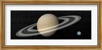 Large planet Saturn and its rings next to small planet Earth Fine Art Print