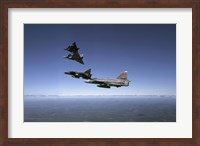 Four Saab 37 Viggen fighters breaking up over northern Sweden Fine Art Print