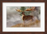 An Irish Elk stands in deep grass on a foggy hillside Fine Art Print