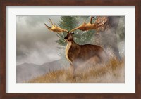 An Irish Elk stands in deep grass on a foggy hillside Fine Art Print