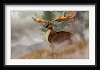 An Irish Elk stands in deep grass on a foggy hillside Fine Art Print