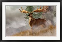 An Irish Elk stands in deep grass on a foggy hillside Fine Art Print