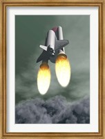 Space shuttle taking off amongst grey smoke and clouds Fine Art Print