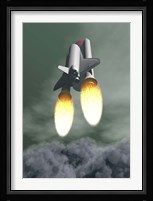 Space shuttle taking off amongst grey smoke and clouds Fine Art Print