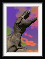 Tyrannosaurus Rex roaring against a colorful sky Fine Art Print