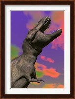 Tyrannosaurus Rex roaring against a colorful sky Fine Art Print