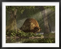 A large Glyptodon stands near the edge of a stream Fine Art Print