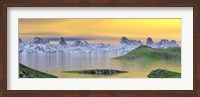 Beautiful sunset over landscape with green grass and rocky mountains Fine Art Print