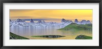 Beautiful sunset over landscape with green grass and rocky mountains Fine Art Print