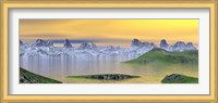 Beautiful sunset over landscape with green grass and rocky mountains Fine Art Print