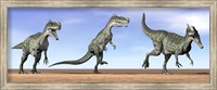 Three Monolophosaurus dinosaurs standing in the desert Fine Art Print