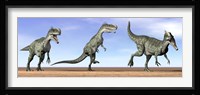Three Monolophosaurus dinosaurs standing in the desert Framed Print