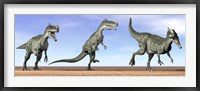 Three Monolophosaurus dinosaurs standing in the desert Fine Art Print