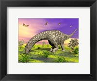 Argentinosaurus eating plants while surrounded by butterflies and flowers Fine Art Print