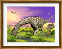 Argentinosaurus eating plants while surrounded by butterflies and flowers Fine Art Print