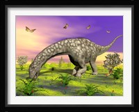 Argentinosaurus eating plants while surrounded by butterflies and flowers Fine Art Print