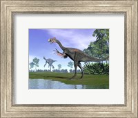 Two Gigantoraptor dinosaurs in a prehistoric environment Fine Art Print