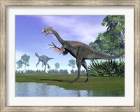 Two Gigantoraptor dinosaurs in a prehistoric environment Fine Art Print