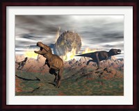 Tyrannosaurus Rex dinosaurs escaping a big meteorite crash Fine Art Print