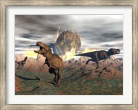 Tyrannosaurus Rex dinosaurs escaping a big meteorite crash Fine Art Print