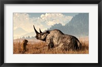 A marmot approaches an old and grey woolly rhinocerous Fine Art Print